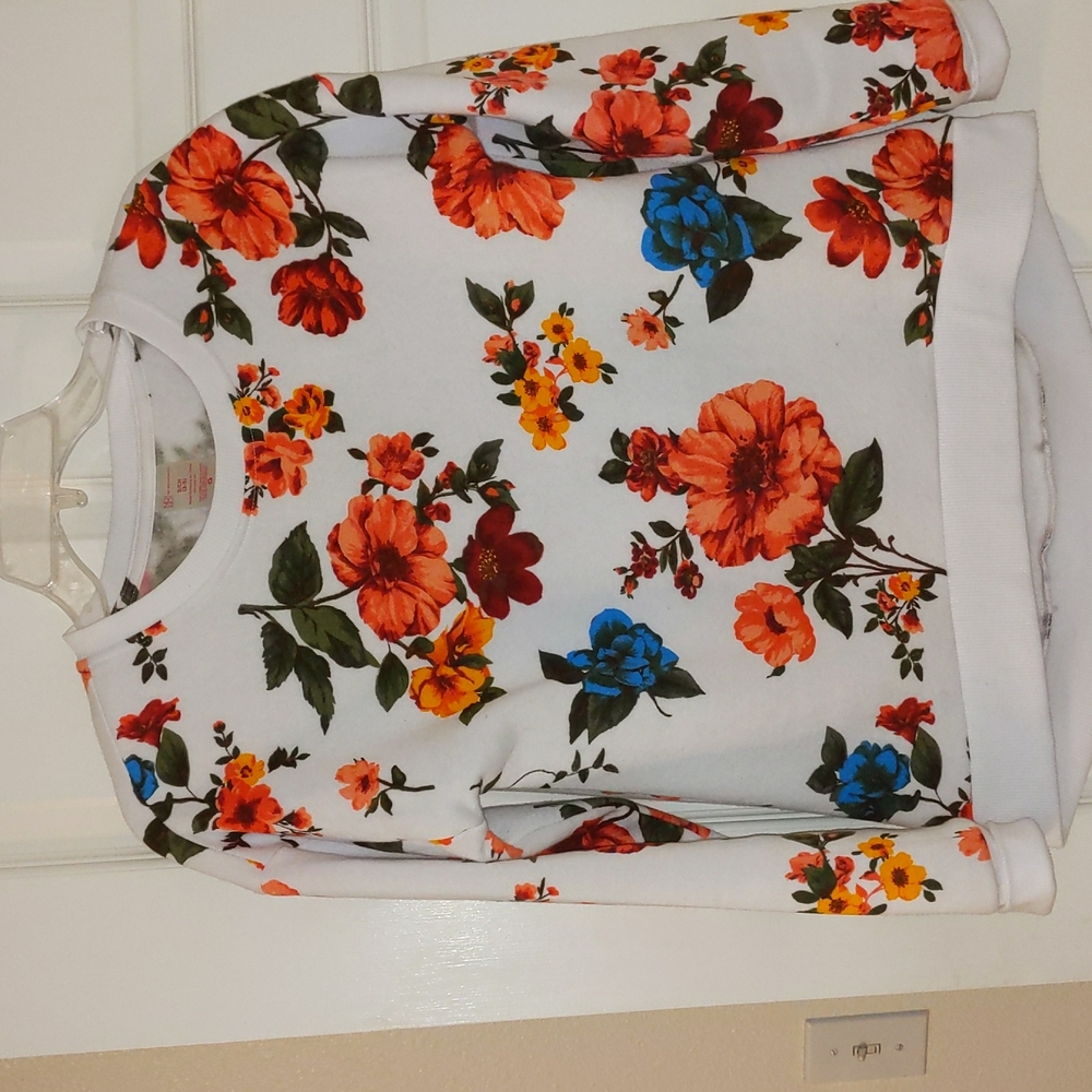 No Boundaries White Floral Sweatshirt with Orange, Blue & Green Accents